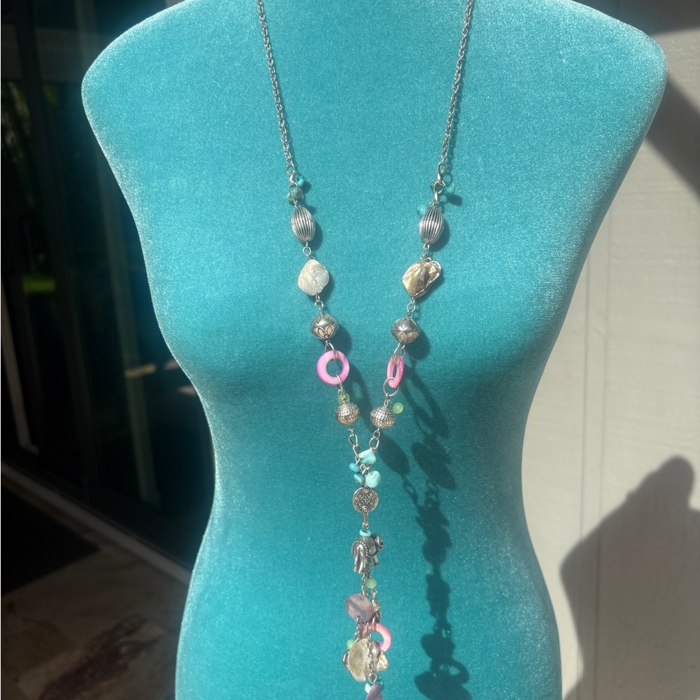 Chico’s EUC, Silver Elephant Charm Necklace with Multicolor Beads